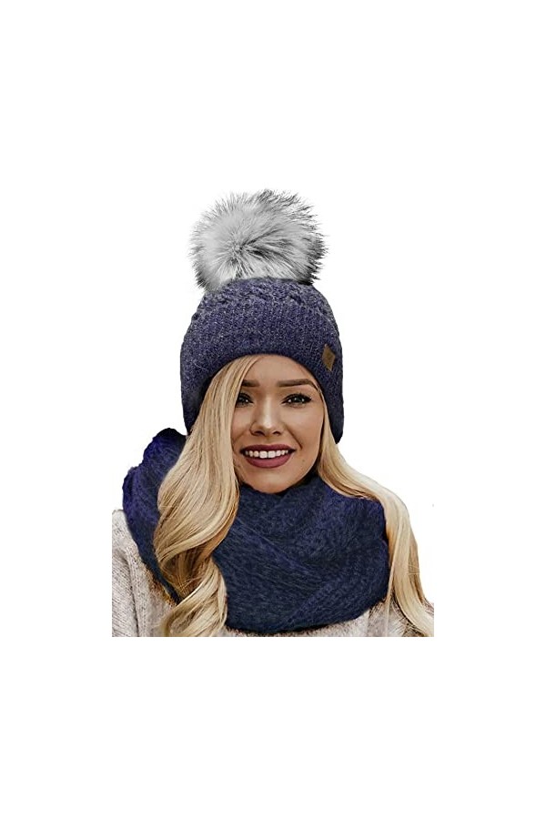 4sold Femme Set Bonnet et écharpe Mohair dhiver Wool Chapeau Hat Grande Faux Pom Pom Bonnet dhiver Chaud Doublure Polaire -