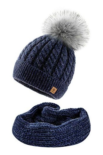 4sold Femme Set Bonnet et écharpe Mohair dhiver Wool Chapeau Hat Grande Faux Pom Pom Bonnet dhiver Chaud Doublure Polaire -