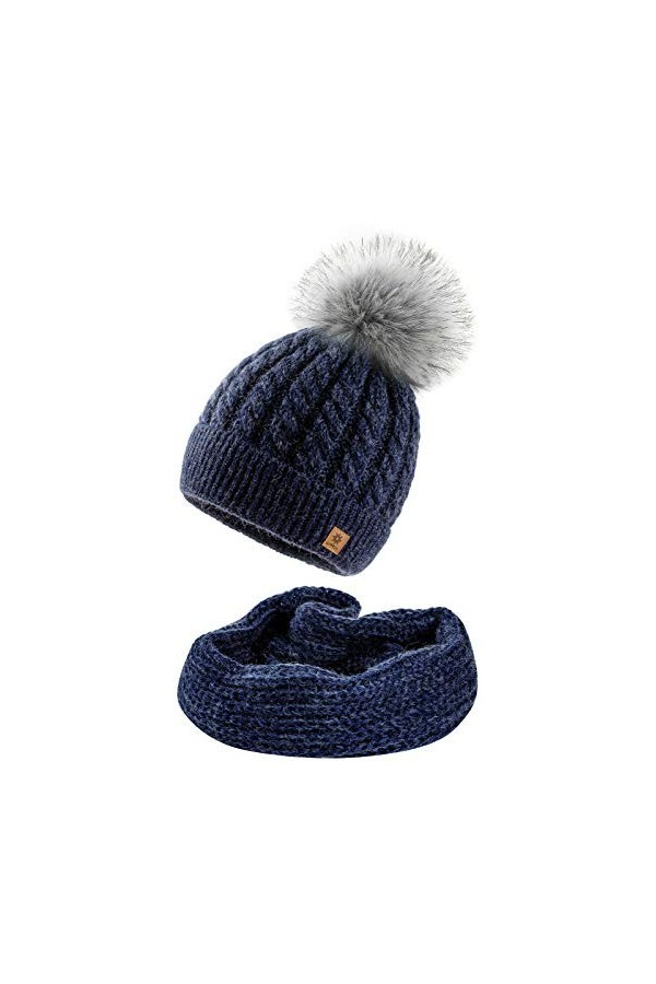 4sold Femme Set Bonnet et écharpe Mohair dhiver Wool Chapeau Hat Grande Faux Pom Pom Bonnet dhiver Chaud Doublure Polaire -