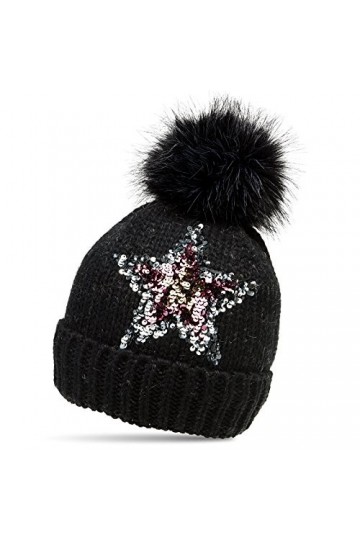 Caspar MU161 Bonnet en Tricot doublé en Fausse Fourrure pour Femme - Bonnet avec étoile en Paillettes Multicolores et Gros Po