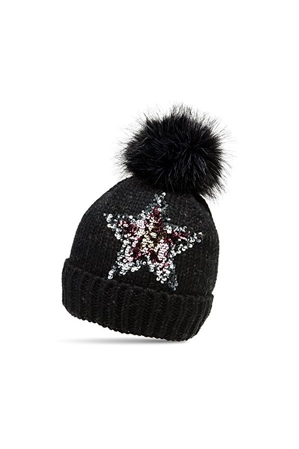 Caspar MU161 Bonnet en Tricot doublé en Fausse Fourrure pour Femme - Bonnet avec étoile en Paillettes Multicolores et Gros Po