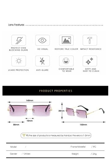 QQLADY Lunettes De Soleil Pour Femmes, Design Sans Monture, Lunettes De Soleil Carrées, Lunettes De Soleil De Voyage En Plein