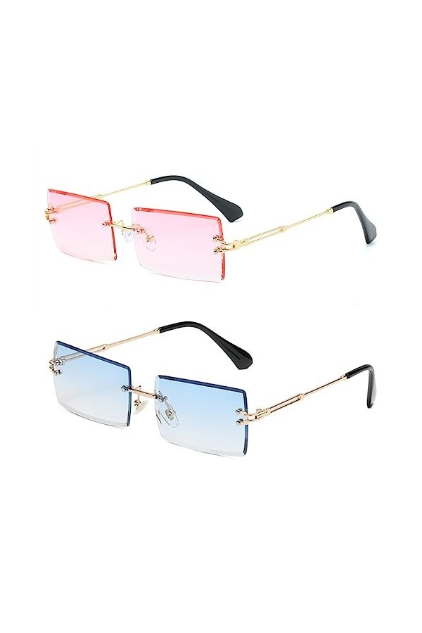 YUELUQU Y2K Lunettes de soleil rectangulaires rétro sans monture pour homme et femme Transparent, Doré/vert, Medium