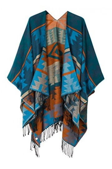 Urban GoCo Femme Manteau Cape Echarpe Epaisse Poncho Cardigan Foulard Chaud Hiver avec Franges 4 Bleu 