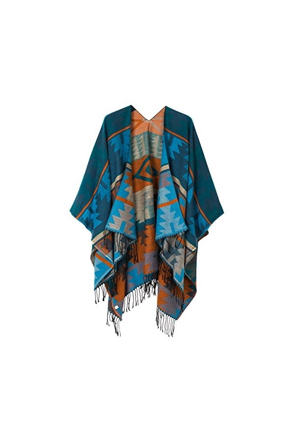 Urban GoCo Femme Manteau Cape Echarpe Epaisse Poncho Cardigan Foulard Chaud Hiver avec Franges 4 Bleu 