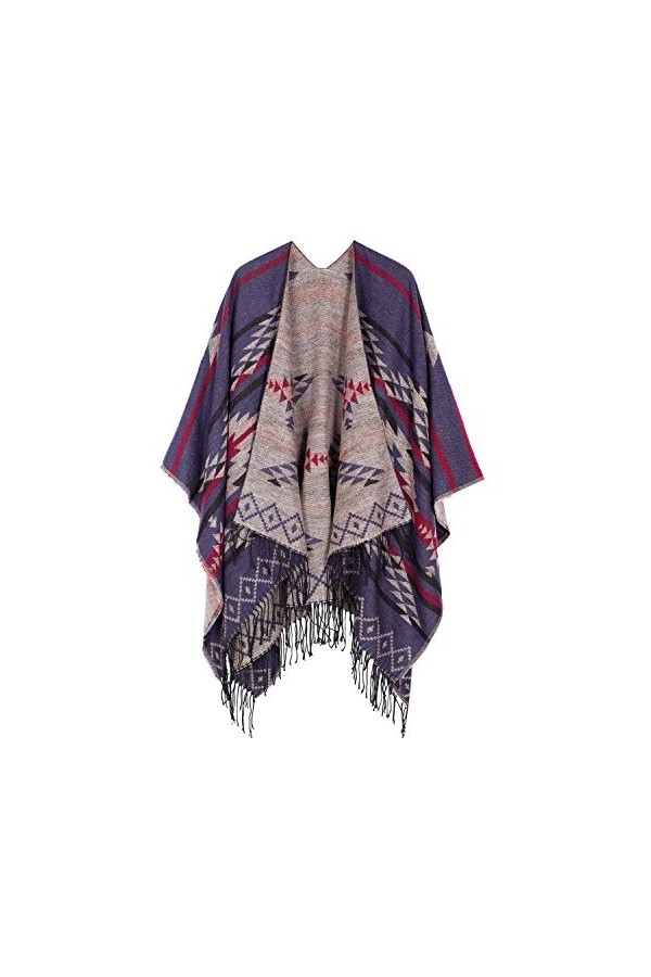 Urban GoCo Femme Manteau Cape Echarpe Epaisse Poncho Cardigan Foulard Chaud Hiver avec Franges 4 Bleu 