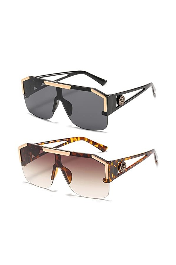 Dollger Lunettes de soleil Femmes Carrées Grand: Hommes Protection UV One Piece Shades Flat Top Lunettes Semi-Cerclées Noir