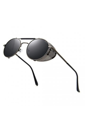 ANDOILT Steampunk Lunettes de Soleil Homme et Femme Ronde Rétro Vintage Monture en Métal Protection UV400 Monture Grise Verre