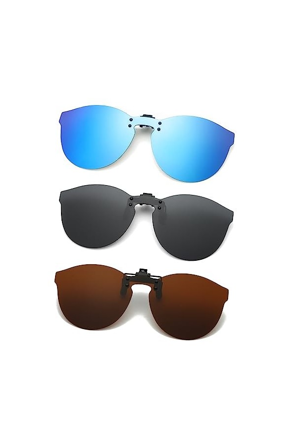 Long Keeper 3Paires Clip Lunettes de Soleil Polarisées pour Femme Homme, Clip Solaire pour Lunettes de Vue UV400 Flip Up Lune