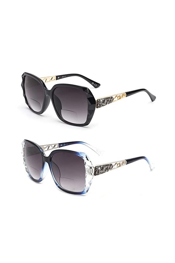 JM Lunettes de Soleil de Lecture Bifocales, Lunettes de Soleil Surdimensionnées, Protection UV Extérieure pour Femmes Noir+Bl