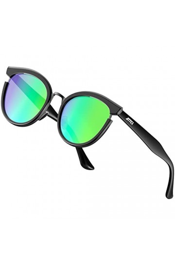 ATTCL Lunettes de soleil pour femme - Ultra légères et tendance - Rondes polarisées - Taille M et L, Noir + vert/miroir, Medi