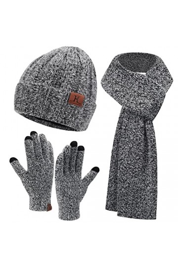 Femmes hiver chaud tricot bonnet bonnet écran tactile gants longue écharpe ensemble avec capuchon de crâne doublé polaire pou