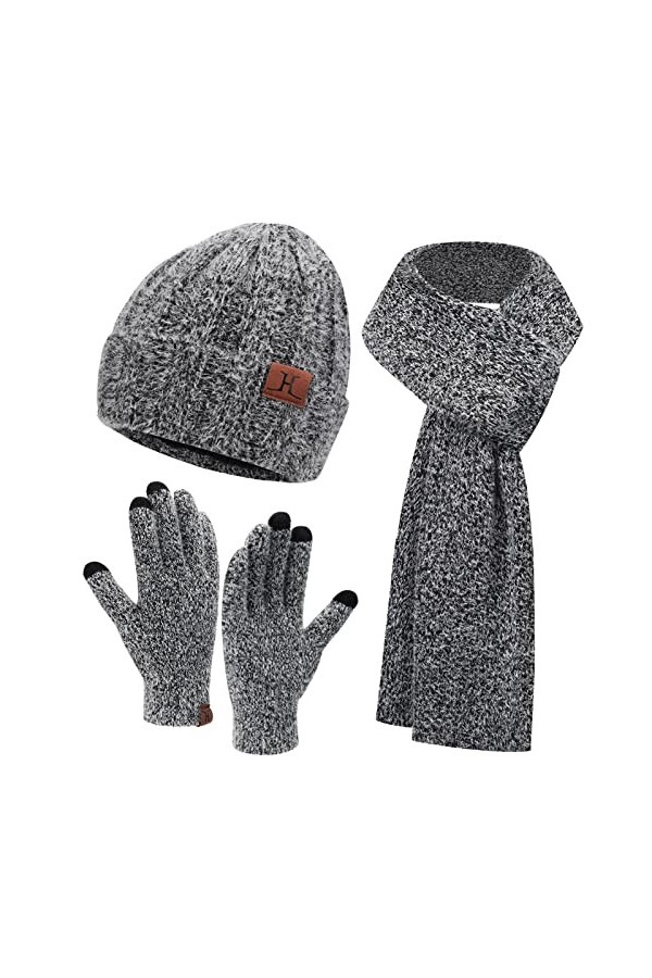 Femmes hiver chaud tricot bonnet bonnet écran tactile gants longue écharpe ensemble avec capuchon de crâne doublé polaire pou
