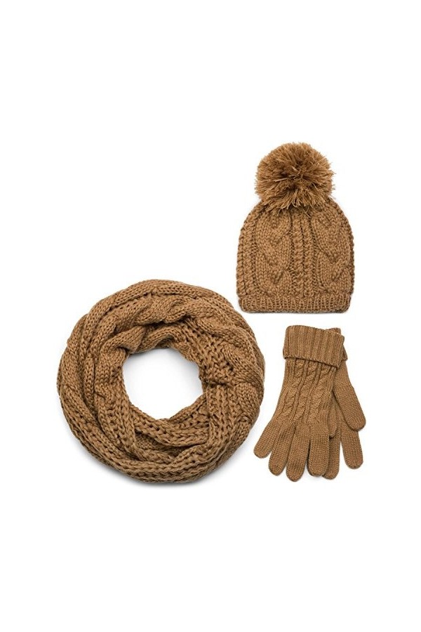 styleBREAKER Ensemble composé dune écharpe, dun bonnet et de gants, écharpe loop avec motif tricoté, bonnet à pompon et gan