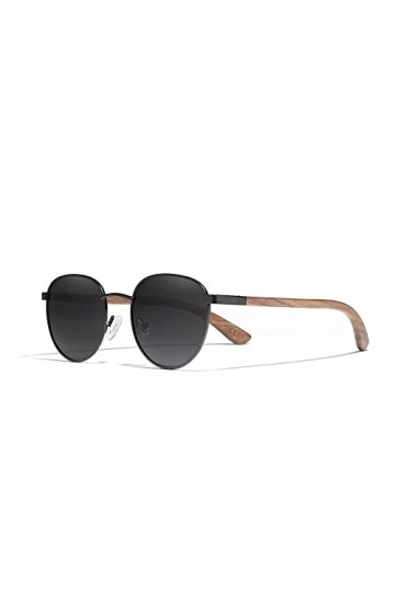 KINGSEVEN Lunettes de Soleil Rondes en Bois de Noyer Hommes Femmes Polarisées Miroir Elégant Rétro Lunettes W5519 Noir 
