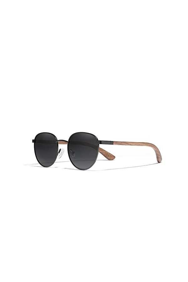 KINGSEVEN Lunettes de Soleil Rondes en Bois de Noyer Hommes Femmes Polarisées Miroir Elégant Rétro Lunettes W5519 Noir 