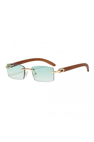 Junsika Lunettes de soleil rectangulaires sans monture en bois pour homme et femme - Style rétro - Vert - Protection UV400, E