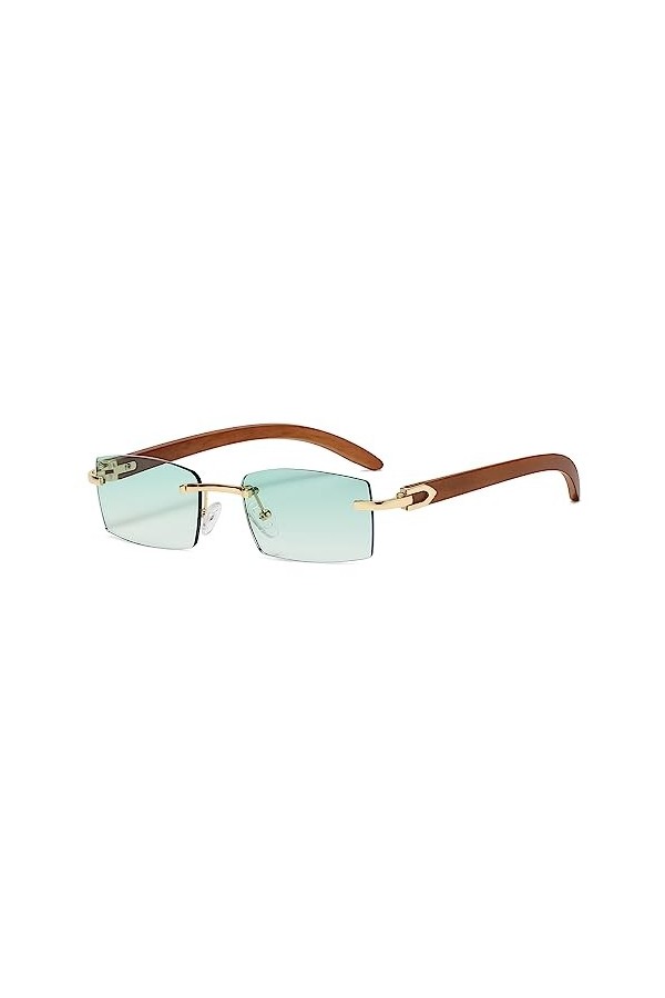 Junsika Lunettes de soleil rectangulaires sans monture en bois pour homme et femme - Style rétro - Vert - Protection UV400, E