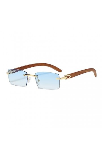 Junsika Lunettes de soleil rectangulaires sans monture en bois pour homme et femme Classique Rétro Bois Bleu Protection UV400