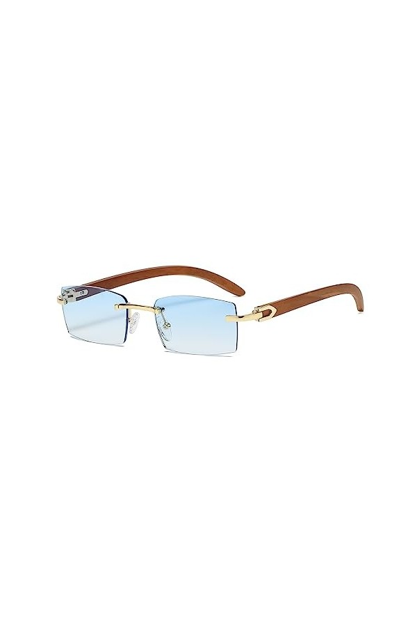 Junsika Lunettes de soleil rectangulaires sans monture en bois pour homme et femme Classique Rétro Bois Bleu Protection UV400
