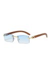 Junsika Lunettes de soleil rectangulaires sans monture en bois pour homme et femme Classique Rétro Bois Bleu Protection UV400