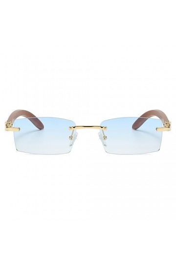 Junsika Lunettes de soleil rectangulaires sans monture en bois pour homme et femme Classique Rétro Bois Bleu Protection UV400
