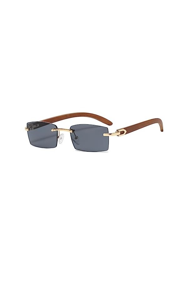 Junsika Lunettes de soleil rectangulaires sans monture en bois pour homme et femme - Style rétro - Noir - Protection UV400, A
