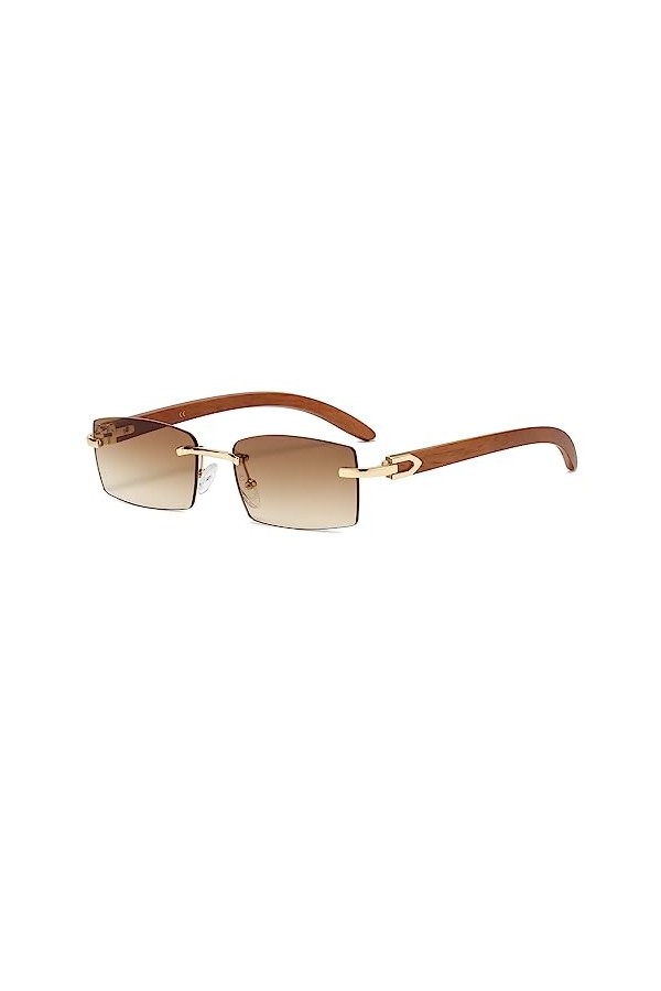 Junsika Lunettes de soleil rectangulaires sans monture en bois pour homme et femme - Style rétro - Couleur : marron - Protect