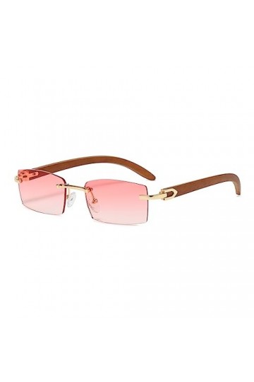Junsika Lunettes de soleil rectangulaires sans monture en bois pour homme et femme Classique Rétro Bois Rose Protection UV400