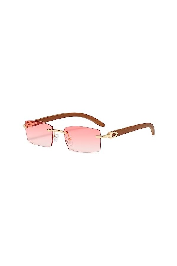 Junsika Lunettes de soleil rectangulaires sans monture en bois pour homme et femme Classique Rétro Bois Rose Protection UV400