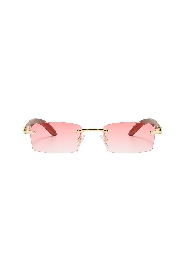 Junsika Lunettes de soleil rectangulaires sans monture en bois pour homme et femme Classique Rétro Bois Rose Protection UV400