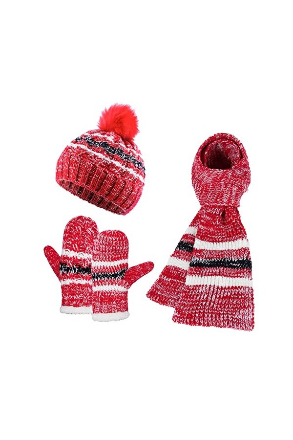 Tofern Femme Bonnet Gants Écharpe 3 pièces ensemble Hiver Chapeau Tricoté Chauffant Doux avec Velours Simple et Élégant Ski M