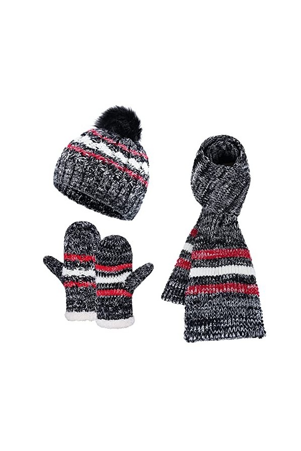 Tofern Femme Bonnet Gants Écharpe 3 pièces ensemble Hiver Chapeau Tricoté Chauffant Doux avec Velours Simple et Élégant Ski M