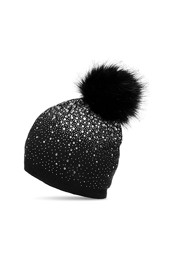 Caspar MU188 Bonnet dhiver en Tricot Fin avec Pompon et Strass pour Femme, Couleur:Noir, Taille:Taille Unique