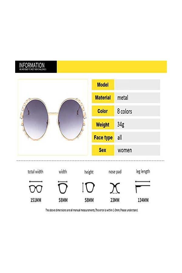 HCHES Lunettes de soleil nacrées Femmes Cadre en métal Lunettes de soleil rondes Miroir Lunettes de soleil nacrées UV400,4,Ta