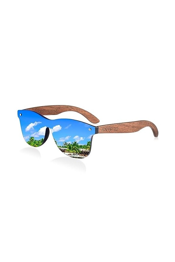 ANYPRO Lunettes de soleil polarisées en bois pour homme et femme - Vintage - Avec branches en bois et protection UV, bleu
