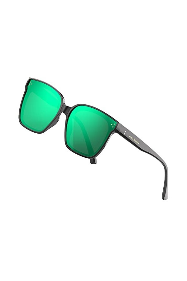 ATTCL Rectangulaire Grande Lunettes de soleil Mode avec UV400 Protection TR90 Cadre JD211 Black+green