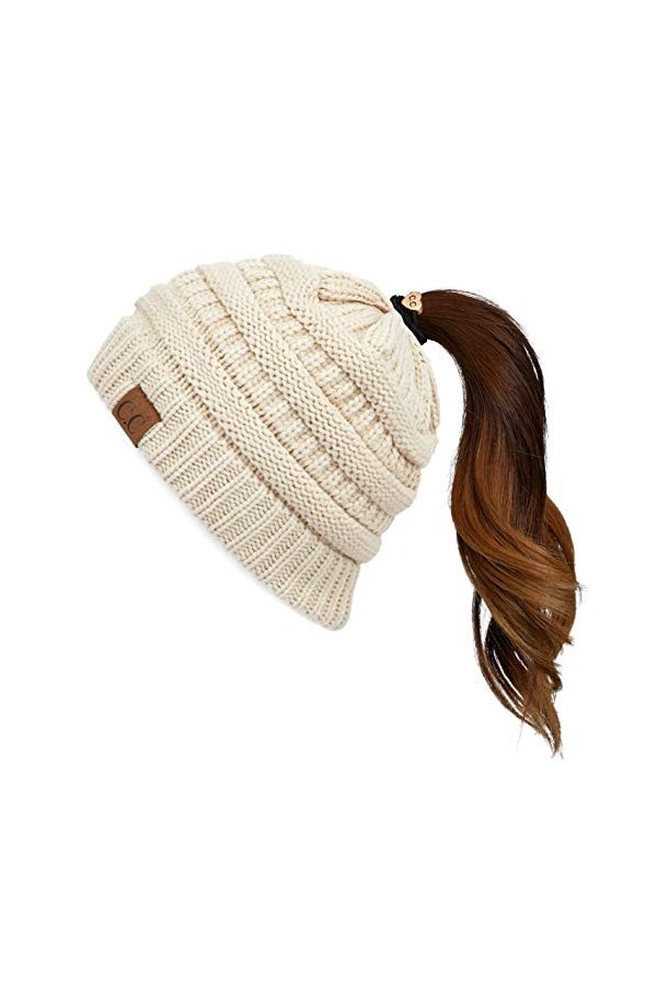 C.C MB-20A Bonnet dhiver en tricot torsadé pour femme - Beige - Taille unique