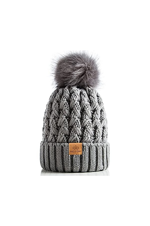 PAGE ONE Bonnet dhiver côtelé pour femme en tricot torsadé avec pompon, gris clair, Taille unique