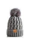 PAGE ONE Bonnet dhiver côtelé pour femme en tricot torsadé avec pompon, gris clair, Taille unique