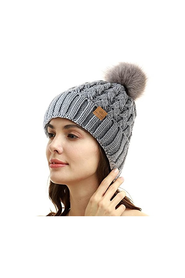 PAGE ONE Bonnet dhiver côtelé pour femme en tricot torsadé avec pompon, gris clair, Taille unique