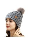 PAGE ONE Bonnet dhiver côtelé pour femme en tricot torsadé avec pompon, gris clair, Taille unique