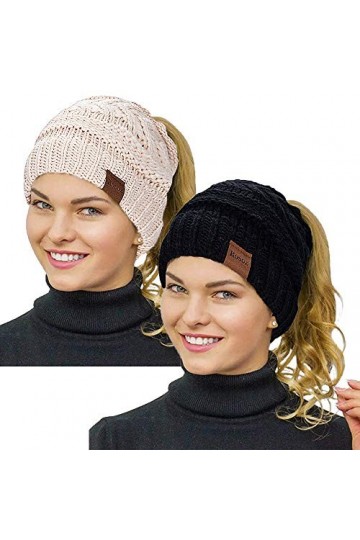 Rosoz Bonnet dhiver pour queue de cheval pour femme, bonnet chaud, doux, extensible, en tricot torsadé, Noir/beige., 7 3/4-7