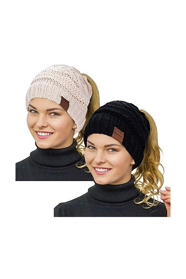 Rosoz Bonnet dhiver pour queue de cheval pour femme, bonnet chaud, doux, extensible, en tricot torsadé, Noir/beige., 7 3/4-7