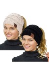 Rosoz Bonnet dhiver pour queue de cheval pour femme, bonnet chaud, doux, extensible, en tricot torsadé, Noir/beige., 7 3/4-7