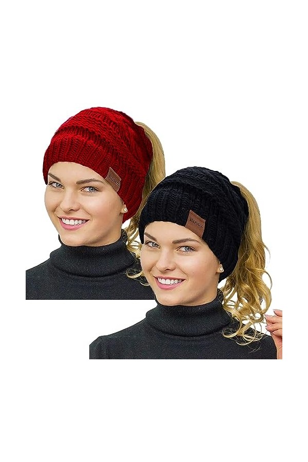 Rosoz Bonnet dhiver pour queue de cheval pour femme, bonnet chaud, doux, extensible, en tricot torsadé, Noir/beige., 7 3/4-7