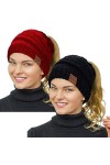 Rosoz Bonnet dhiver pour queue de cheval pour femme, bonnet chaud, doux, extensible, en tricot torsadé, Noir/beige., 7 3/4-7