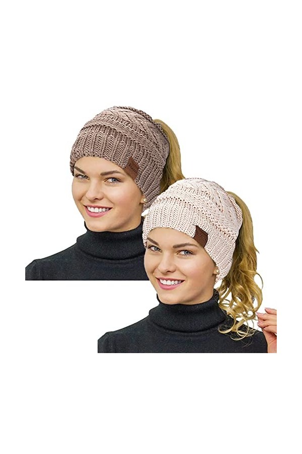 Rosoz Bonnet dhiver pour queue de cheval pour femme, bonnet chaud, doux, extensible, en tricot torsadé, Noir/beige., 7 3/4-7