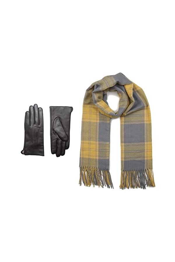 Ensemble cadeau écharpe dhiver et gants en cuir pour femme, Tartan gris jaune 116, Taille L