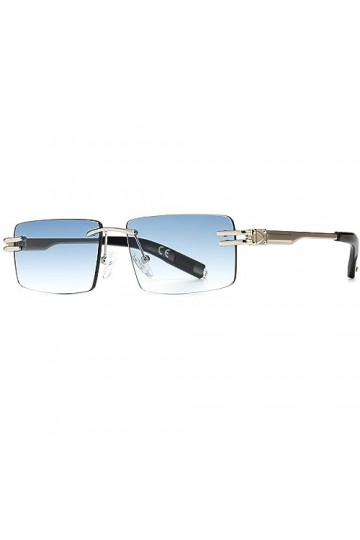 Ggpyyon Lunettes de soleil rectangulaires rétro sans monture pour homme et femme, Argent/bleu dégradé